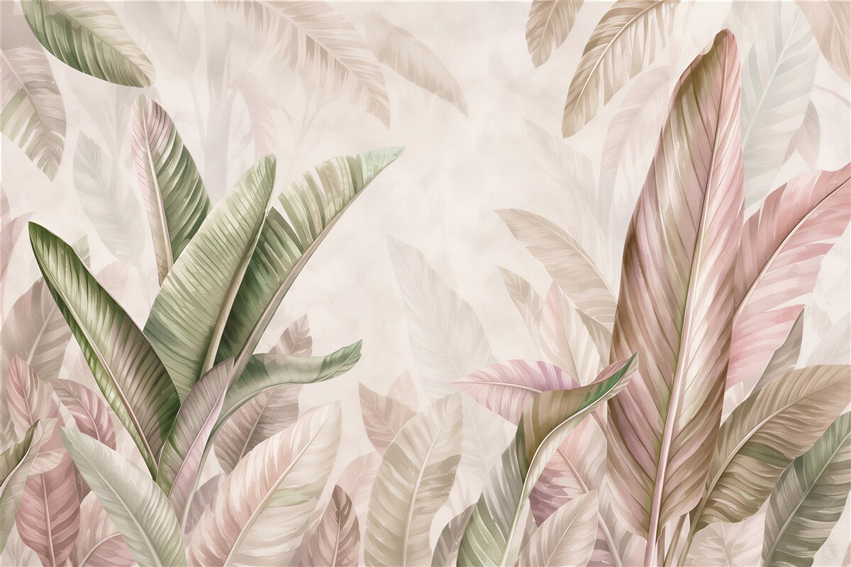 Papier peint feuilles tropicales pastel beige-vert pour le salon
