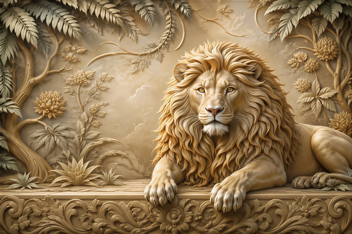 Papier peint lion majestueux beige sous les rayons de lumière
