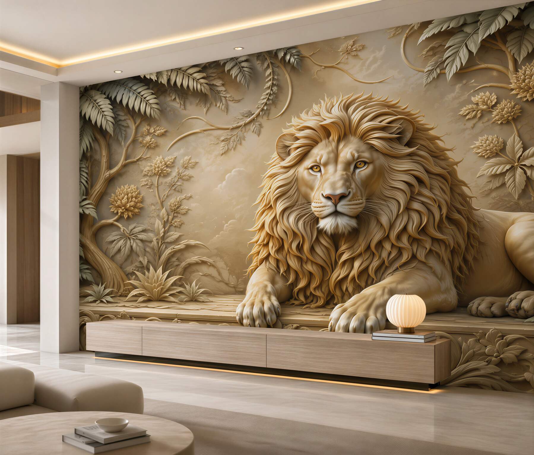 Papier peint lion majestueux beige sous les rayons de lumière