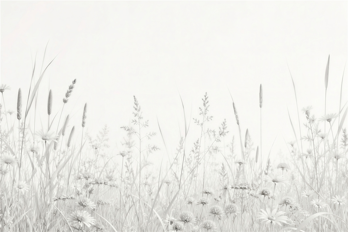 Papier peint prairie avec des marguerites et des herbes dans des tons beiges clairs