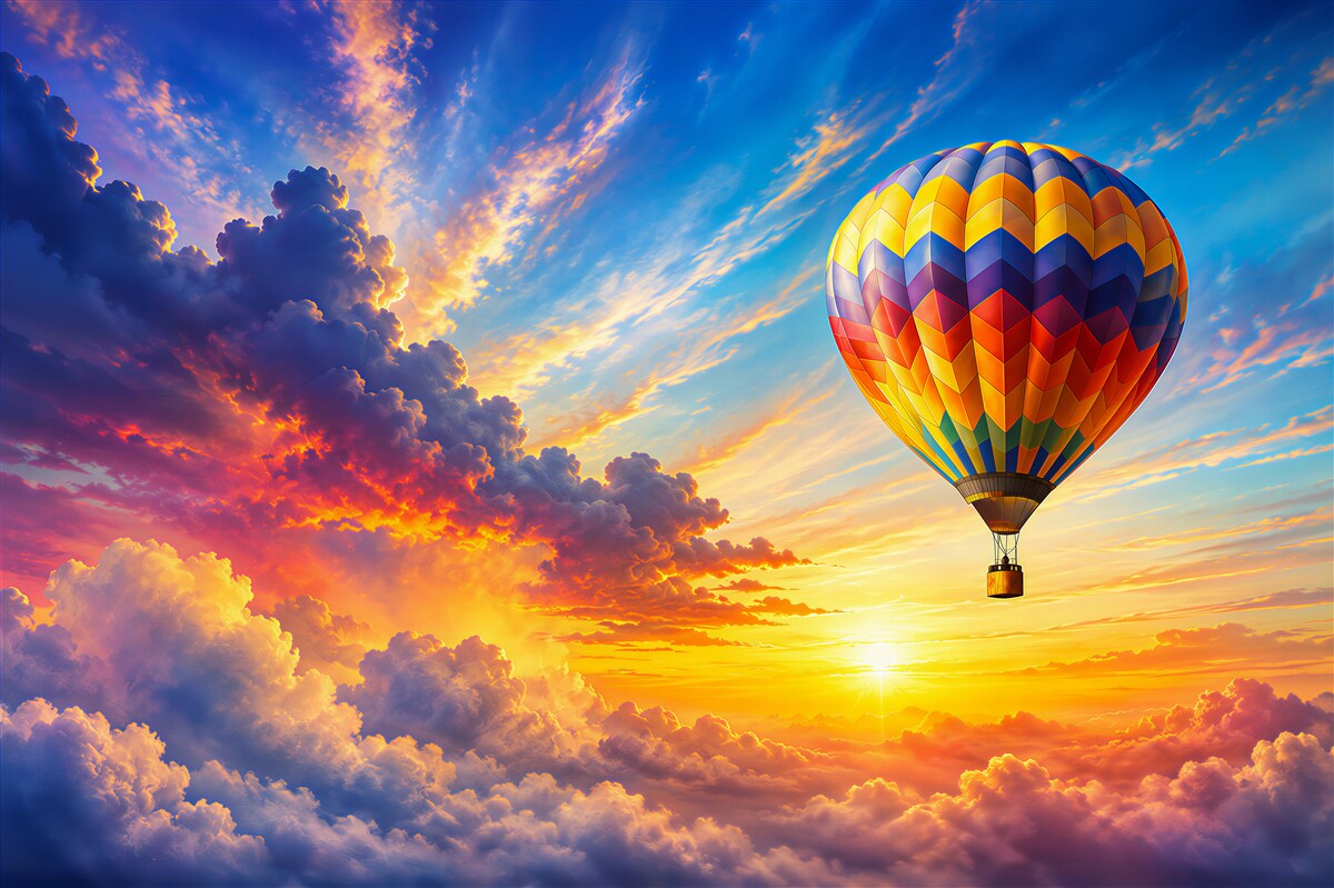 Papier peint ballon dans les nuages au lever du soleil ciel pastel
