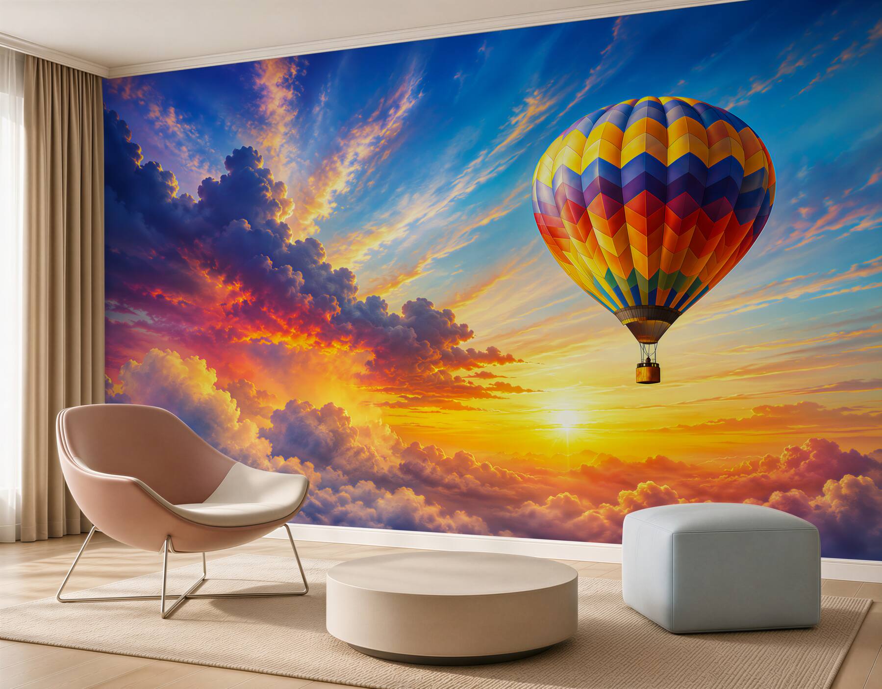 Papier peint ballon dans les nuages au lever du soleil ciel pastel