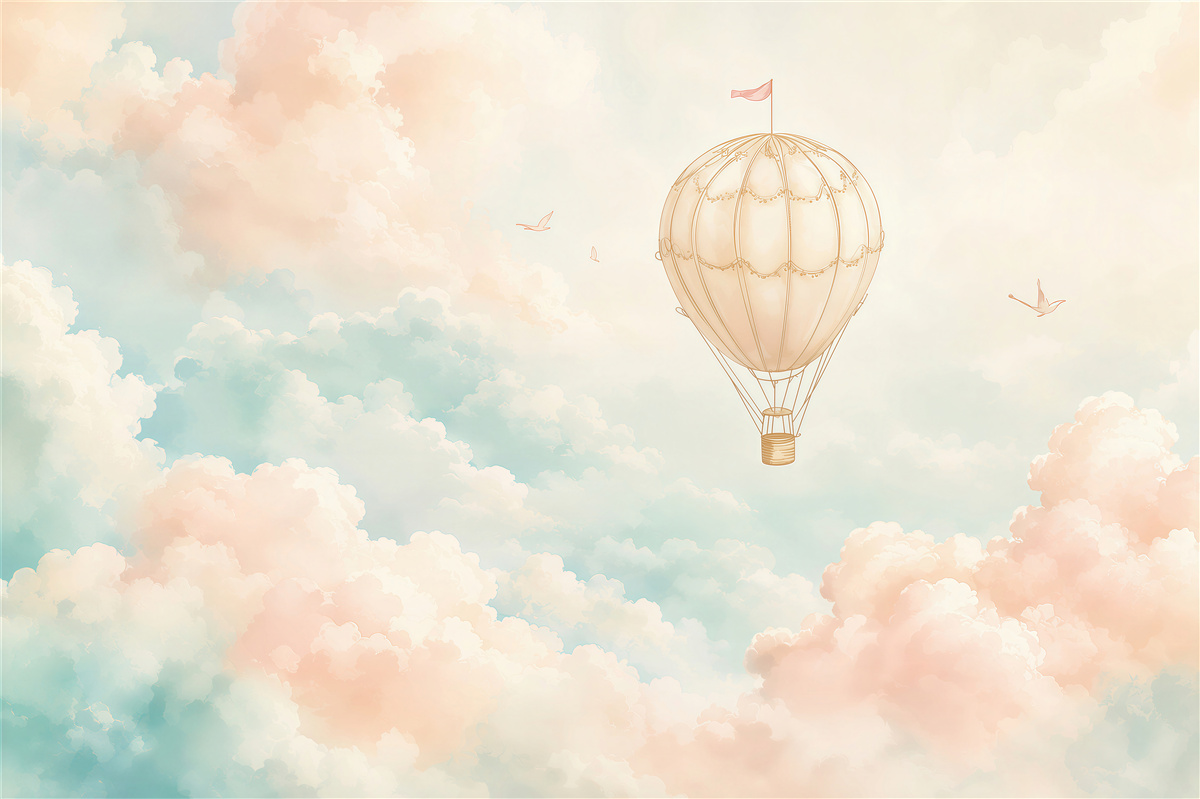 Papier peint ballon parmi les nuages pastel pour la chambre d'enfant