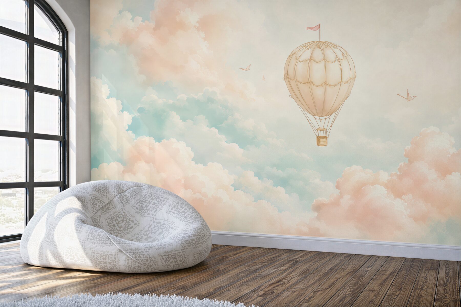 Papier peint ballon parmi les nuages pastel pour la chambre d'enfant