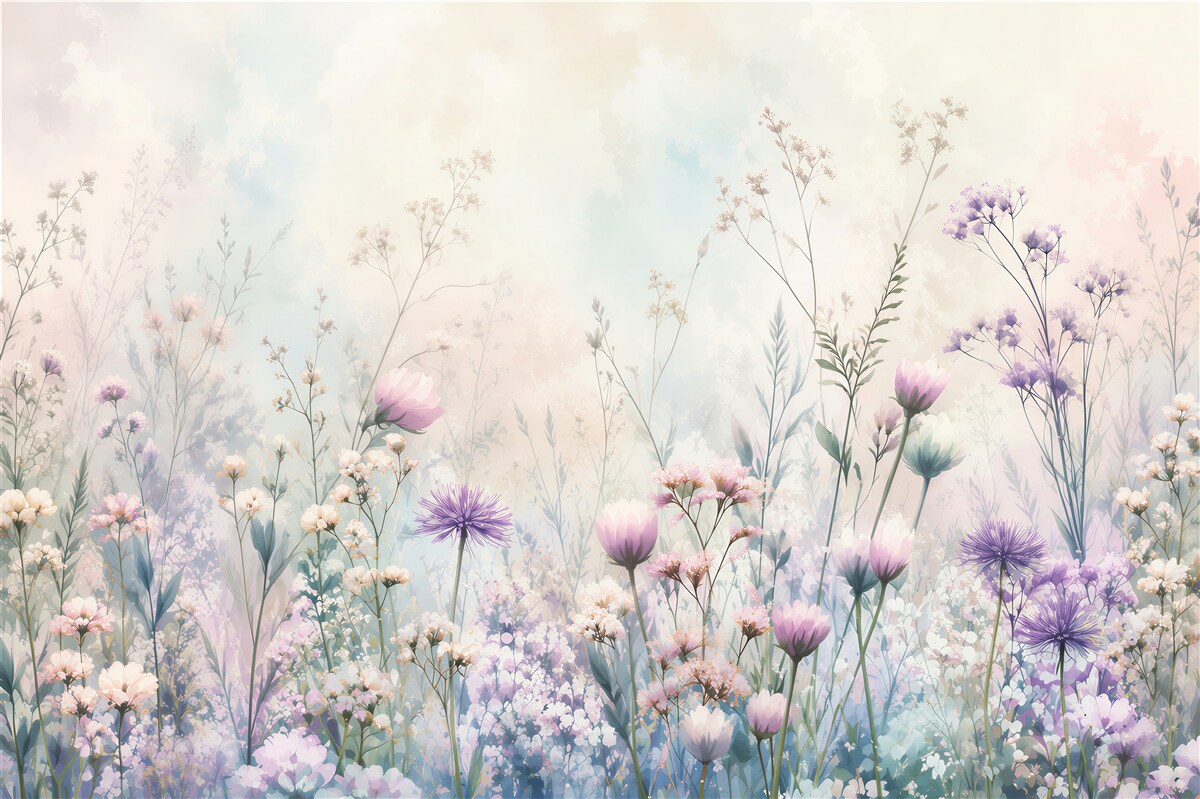 Papier peint prairie pastel avec des fleurs des champs dans des nuances de violet