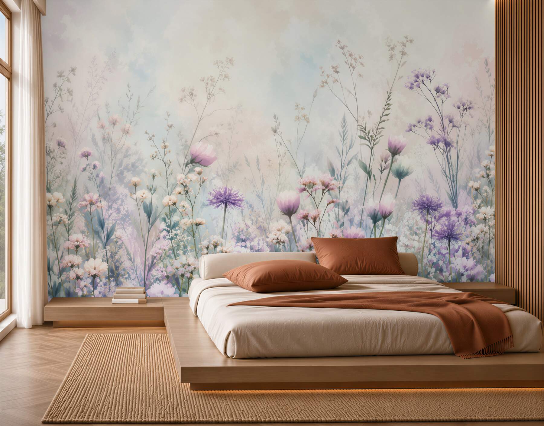 Papier peint prairie pastel avec des fleurs des champs dans des nuances de violet