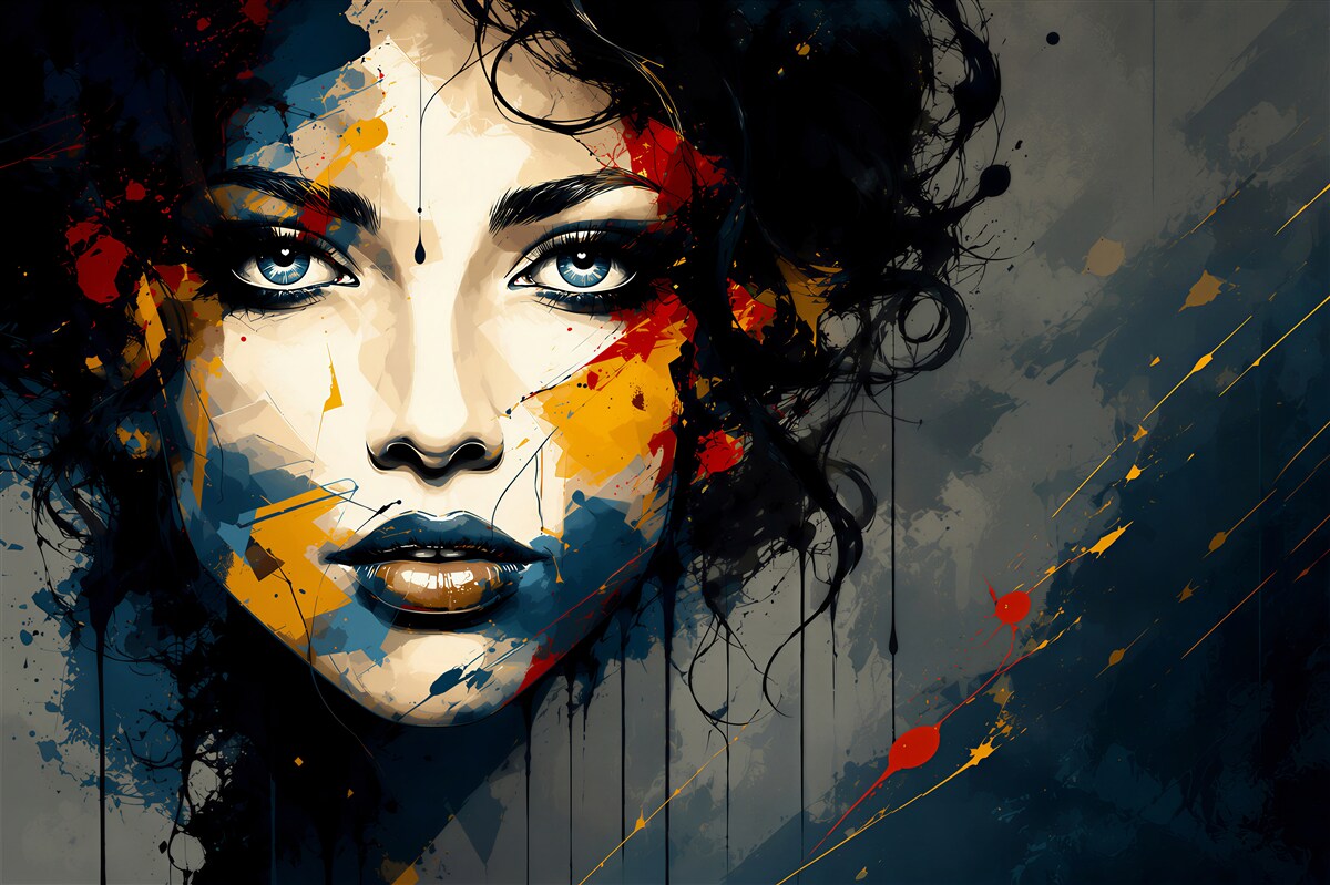 Papier peint visage de femme abstrait en nuances de beige et bleu