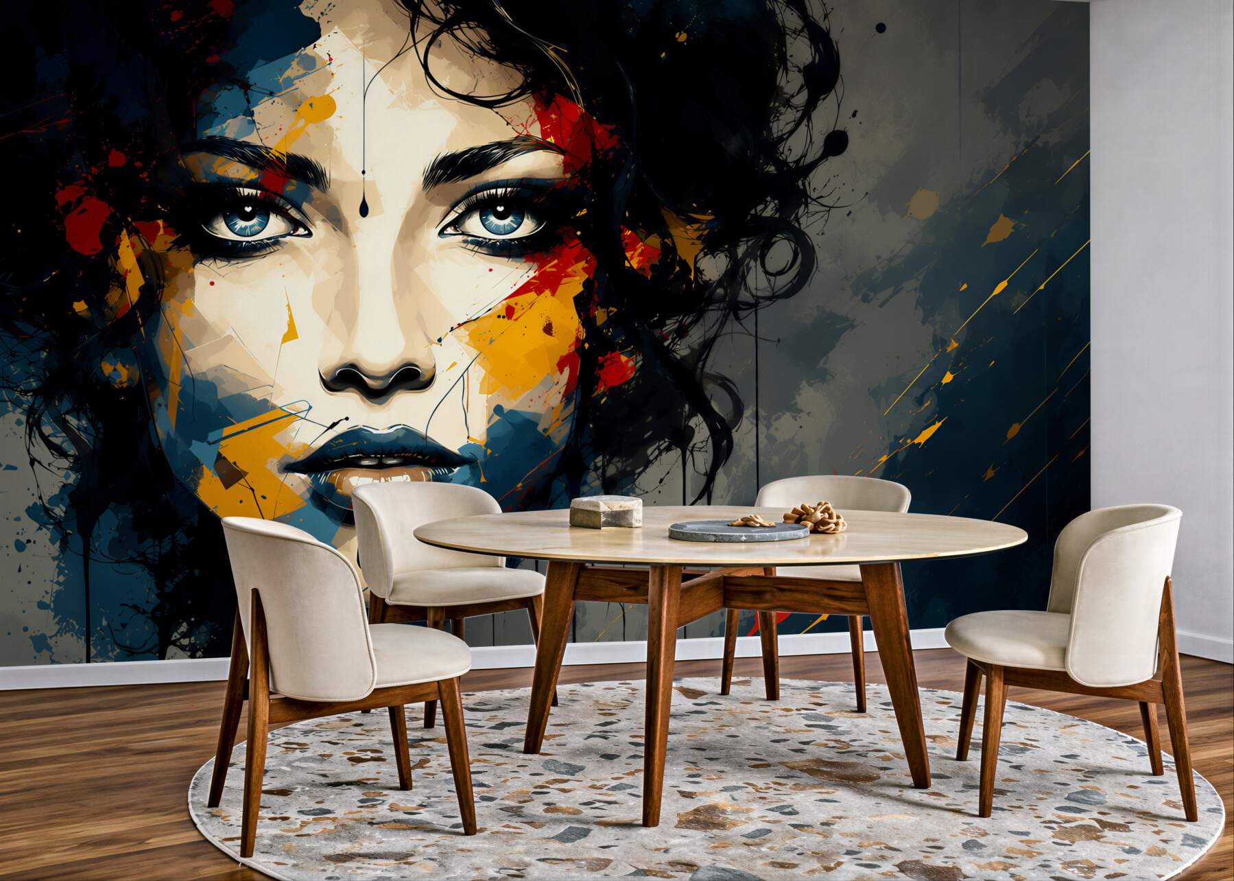 Papier peint visage de femme abstrait en nuances de beige et bleu