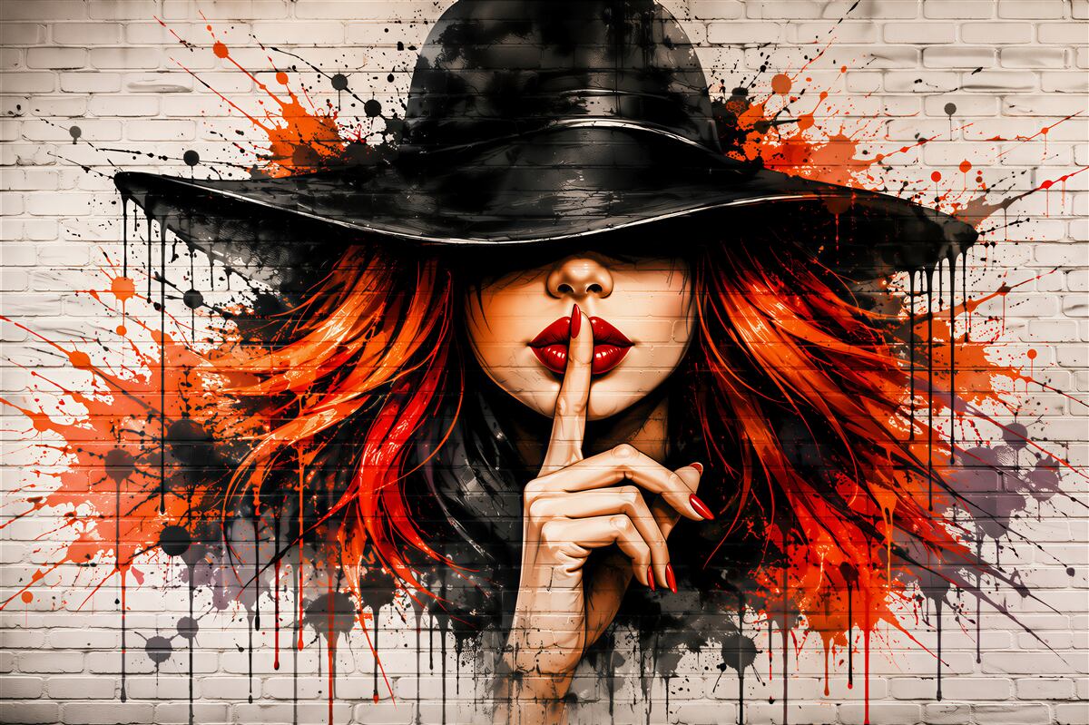 Papier peint femme au chapeau sur brique