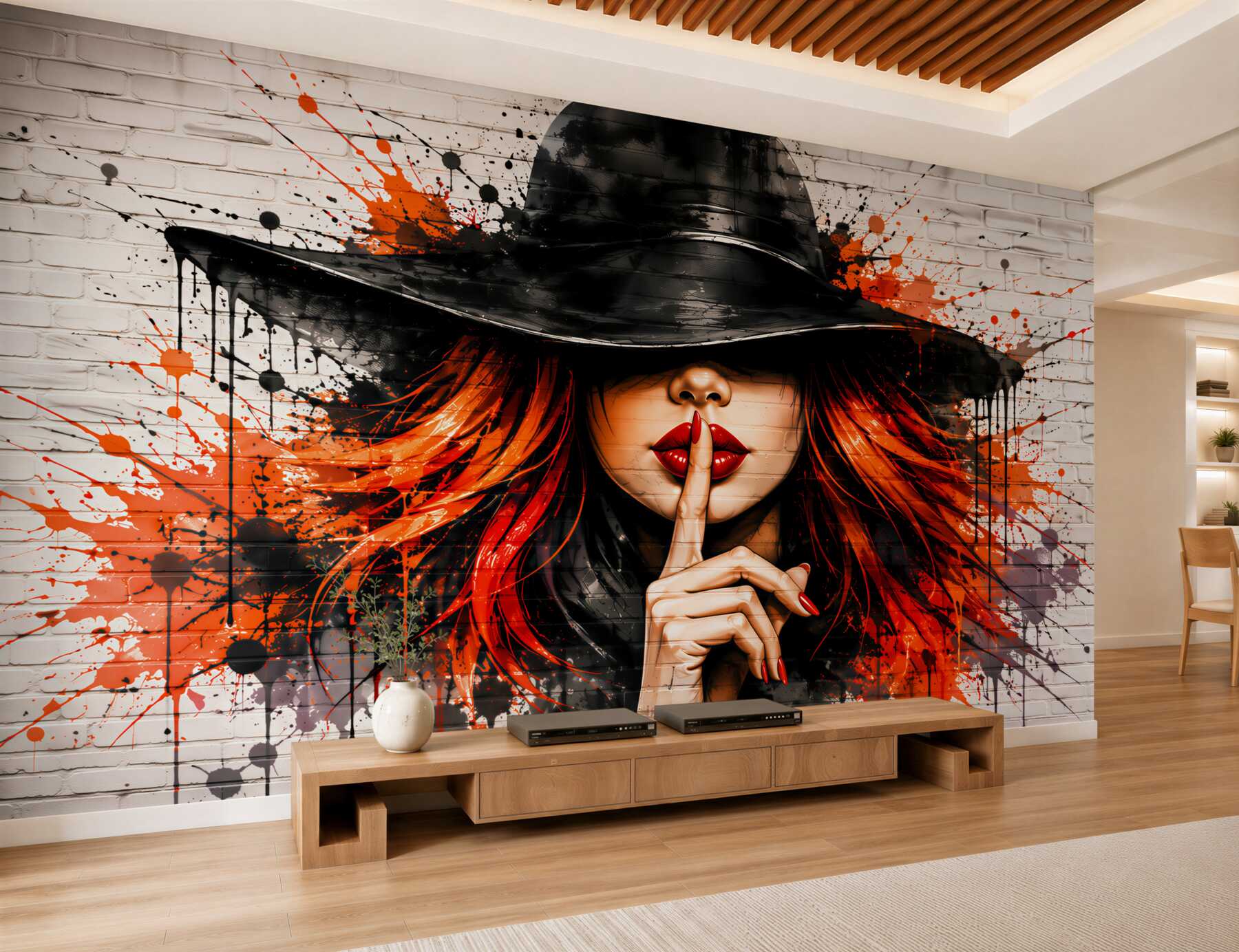 Papier peint femme au chapeau sur brique
