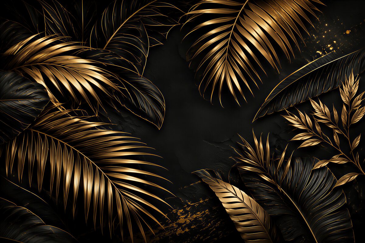 Papier peint feuilles dorées sur fond noir