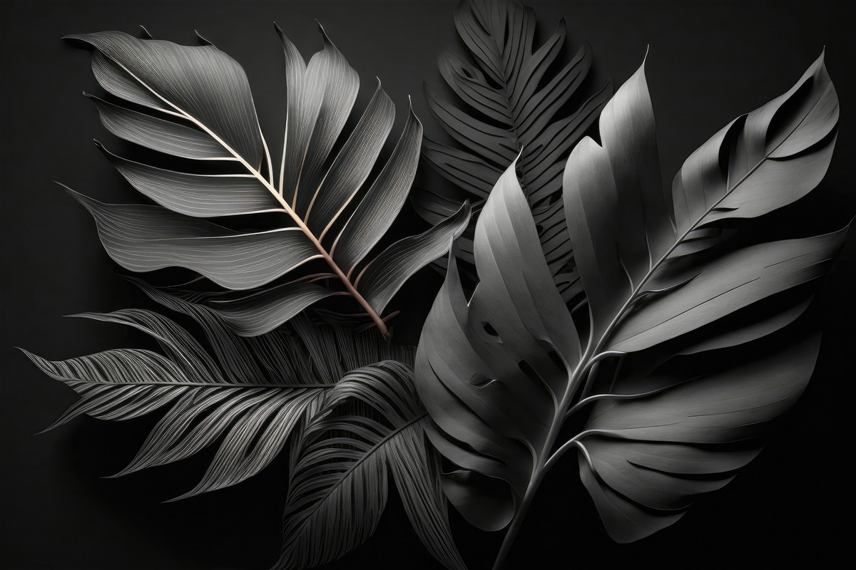 Papier peint feuilles tropicales beiges 3D sur fond subtil pour le salon