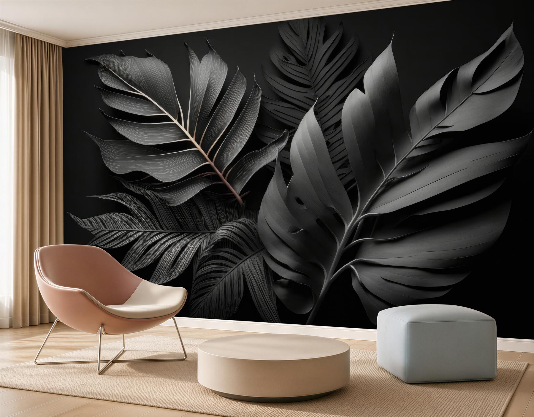 Papier peint feuilles tropicales beiges 3D sur fond subtil pour le salon