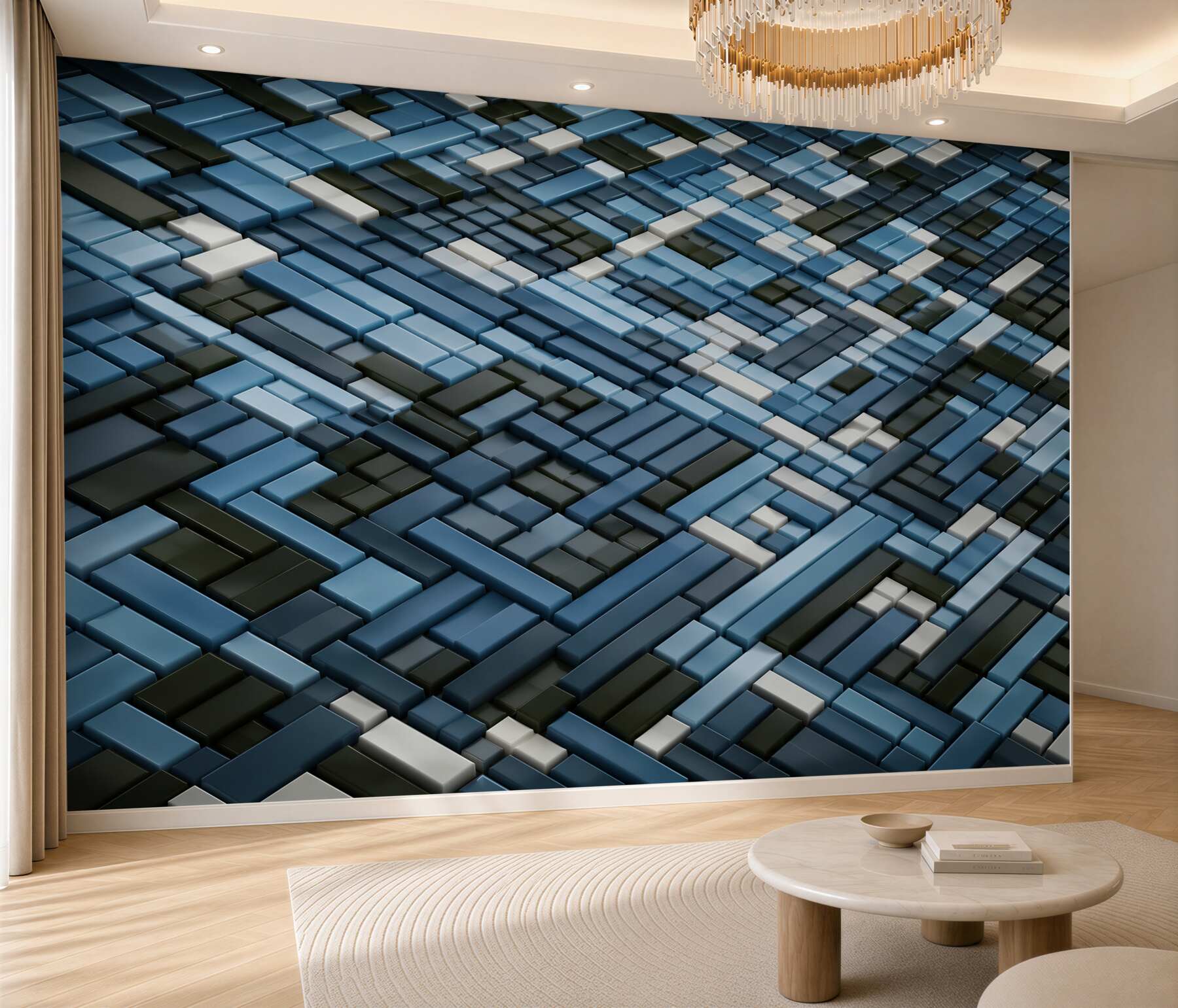 Papier peint rectangles géométriques vert et bleu moderne 3D