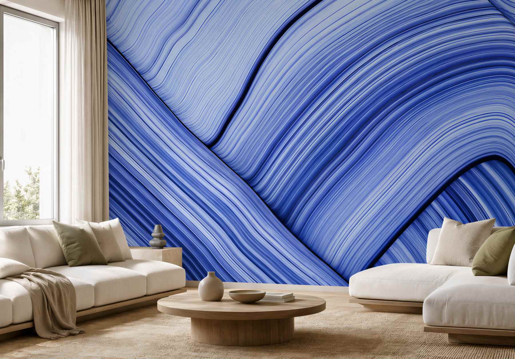 Papier peint vagues délicates bleu et blanc moderne pour la chambre