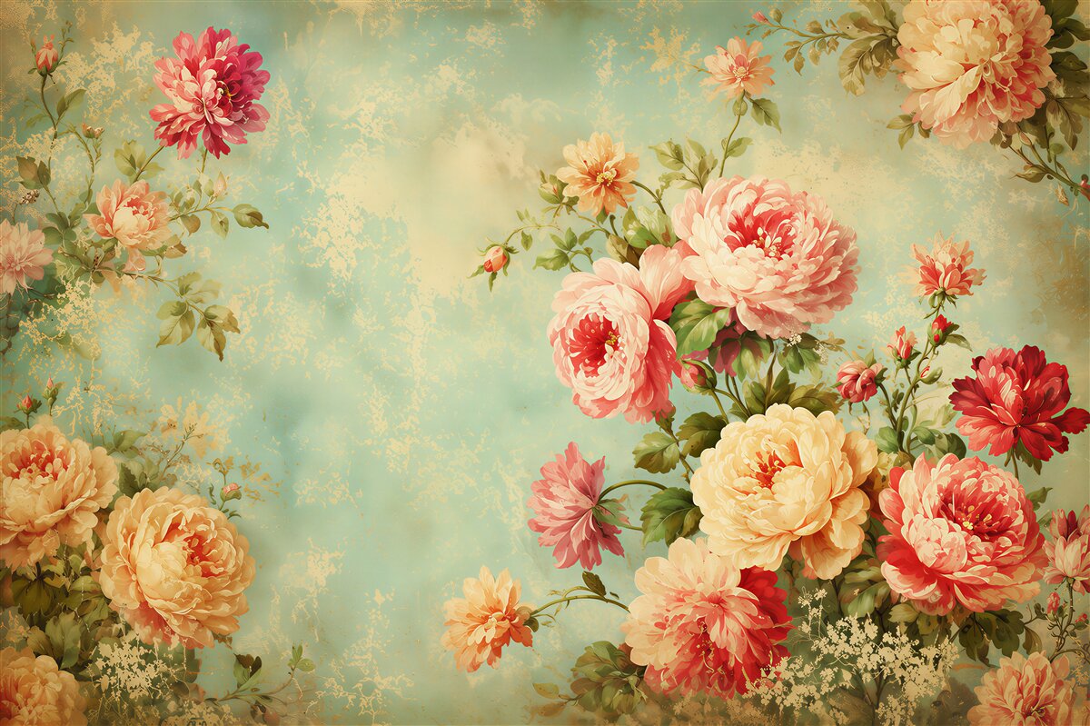 Papier peint pivoines vintage dans des couleurs pastel sur fond bleu