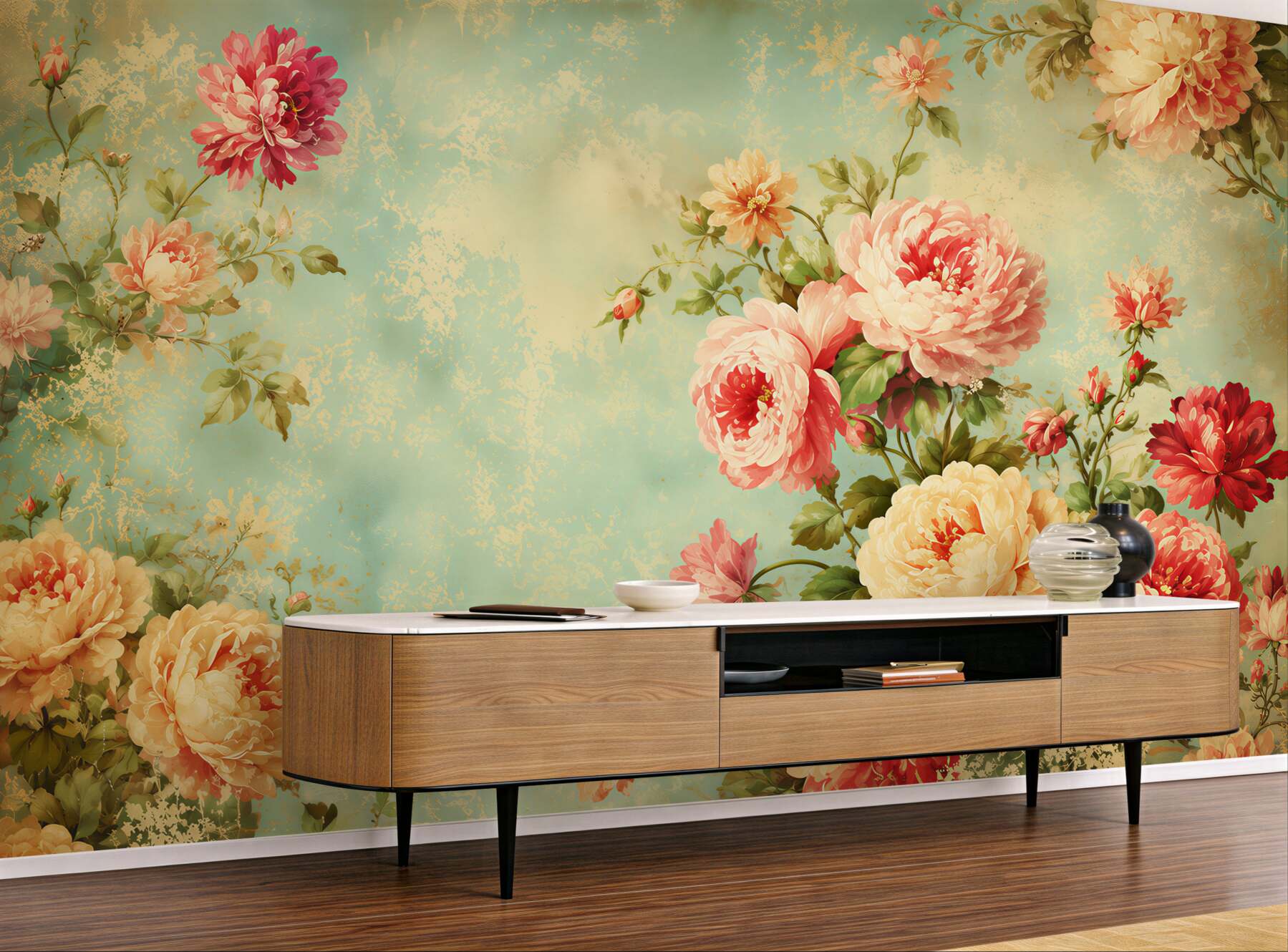 Papier peint pivoines vintage dans des couleurs pastel sur fond bleu