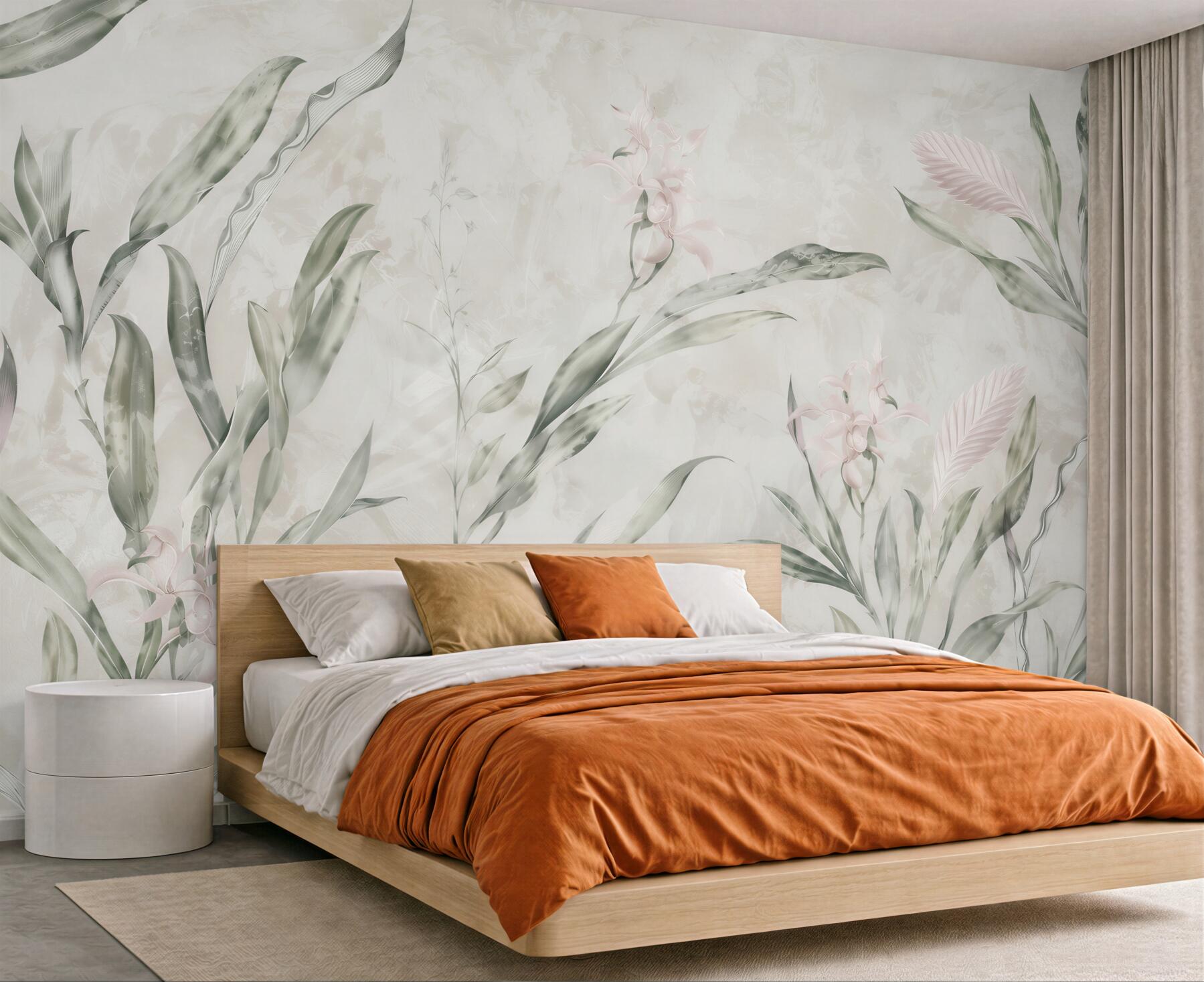 Papier peint feuilles exotiques et fleurs délicates dans le style botanique