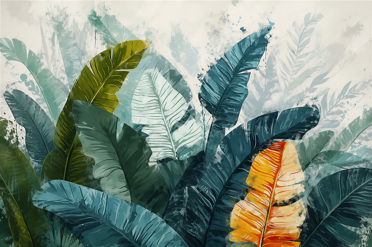 Papier peint feuilles de bananier vertes et dorées dans un style tropical