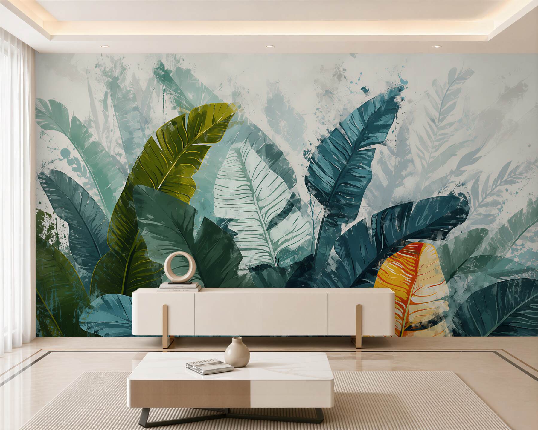 Papier peint feuilles de bananier vertes et dorées dans un style tropical