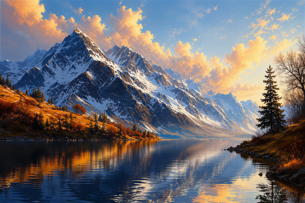 Papier peint montagnes enneigées au bord du lac dans la brume paysage paisible