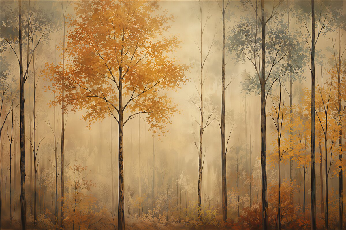 Papier peint forêt dorée dans le brouillard paysage forestier délicat