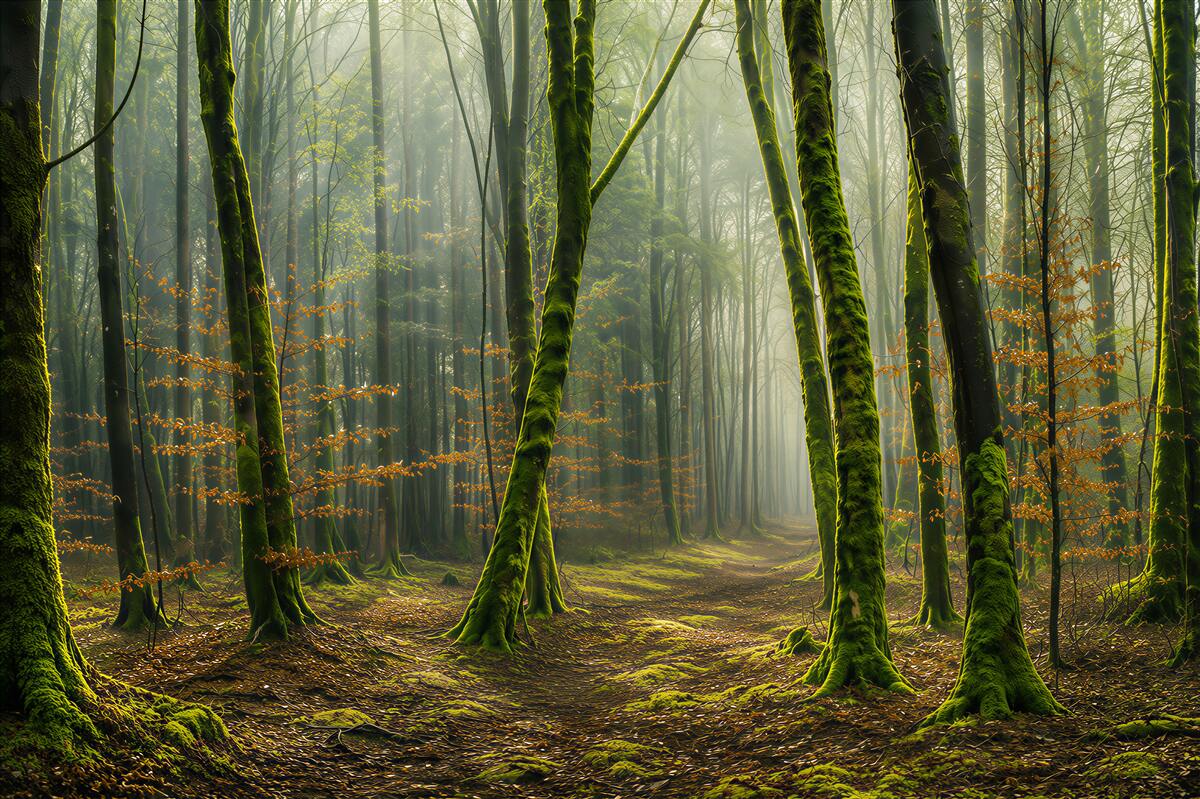 Papier peint forêt verte avec un chemin dans les rayons du soleil