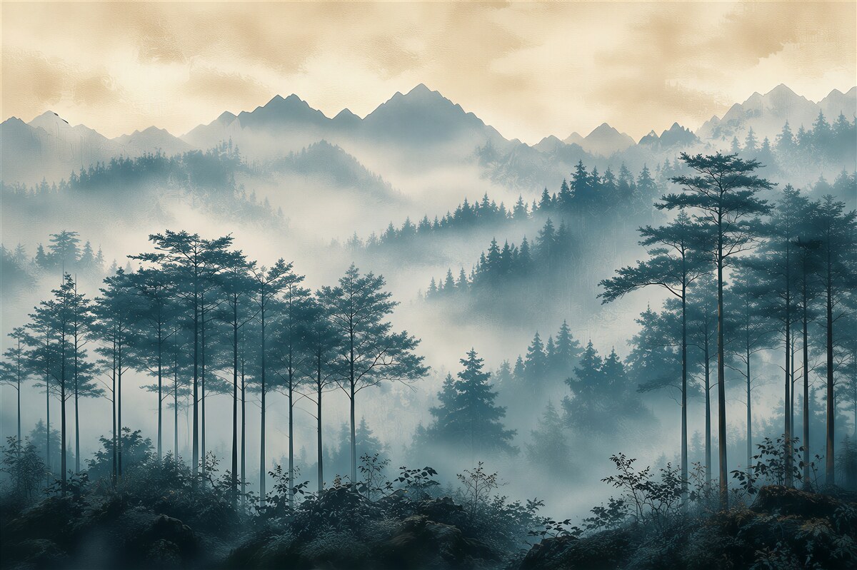 Papier peint montagnes et forêt dans la brume avec des rayons de soleil pour le salon