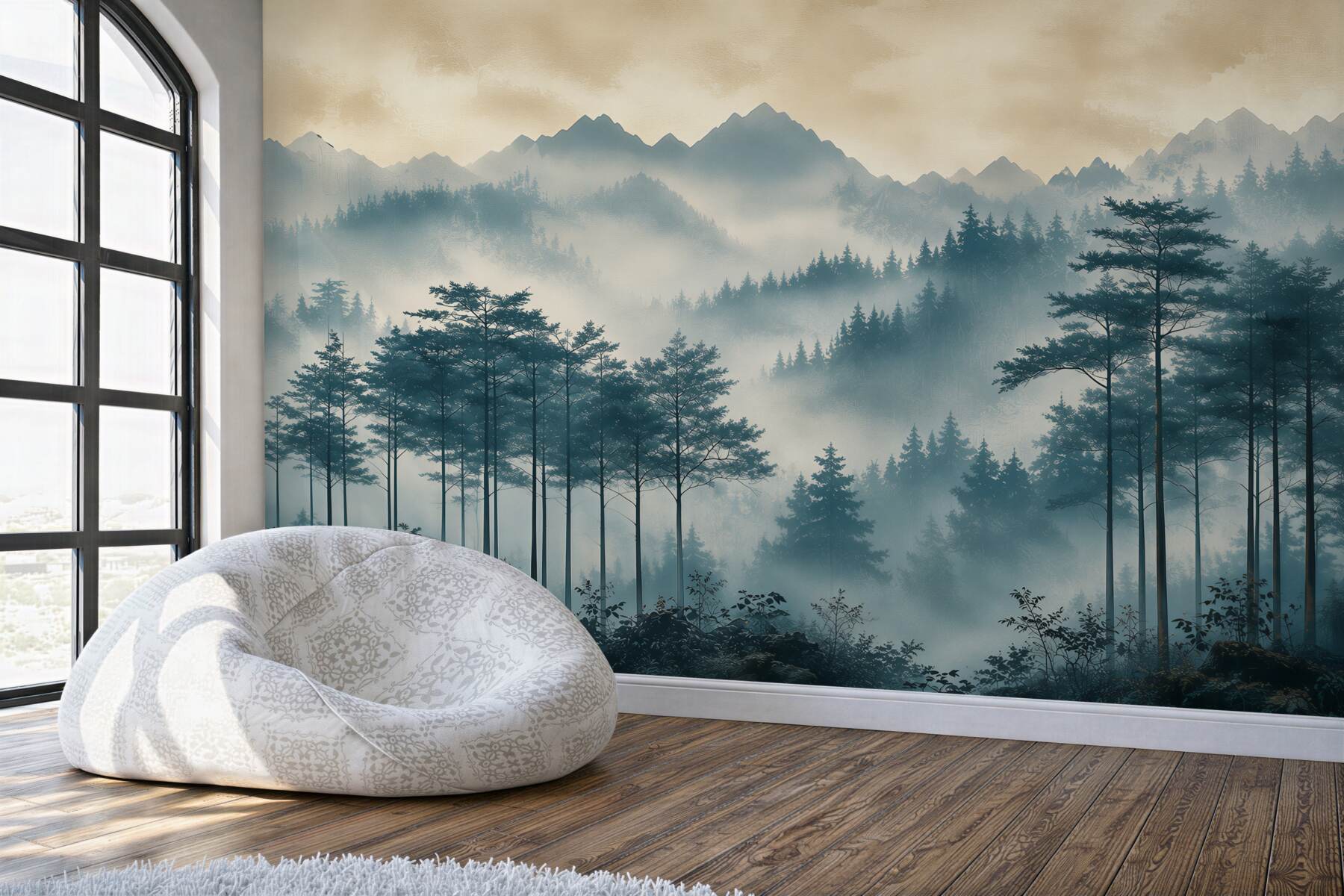 Papier peint montagnes et forêt dans la brume avec des rayons de soleil pour le salon