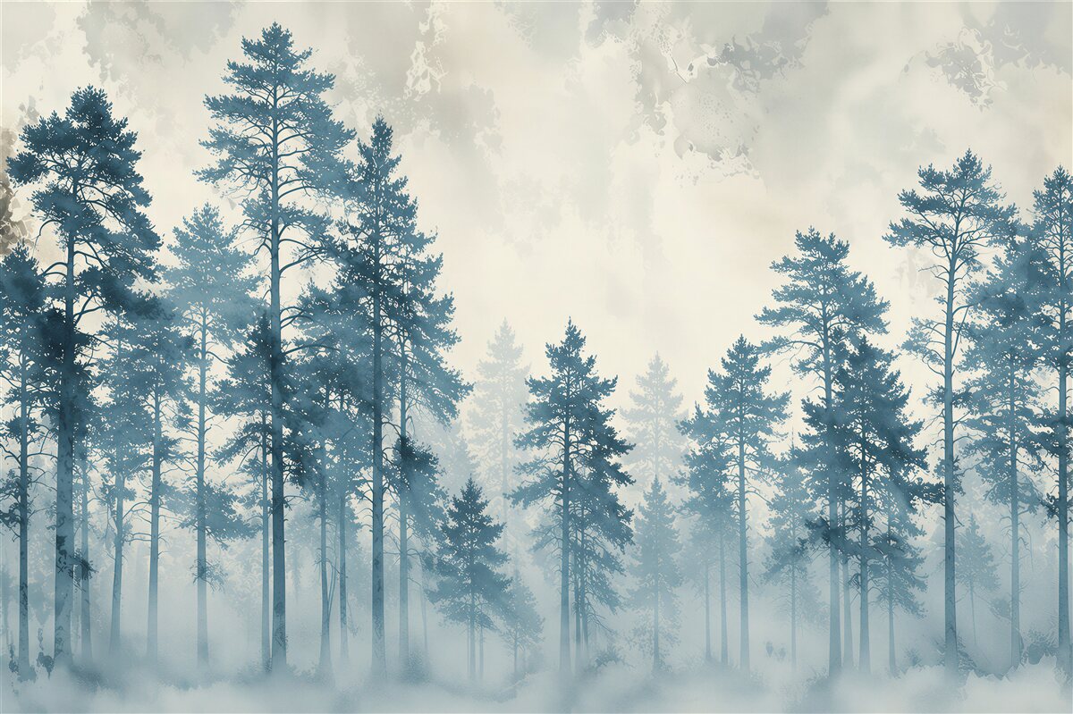 Papier peint forêt de pins dans la brume avec une lumière douce dans le style scandinave