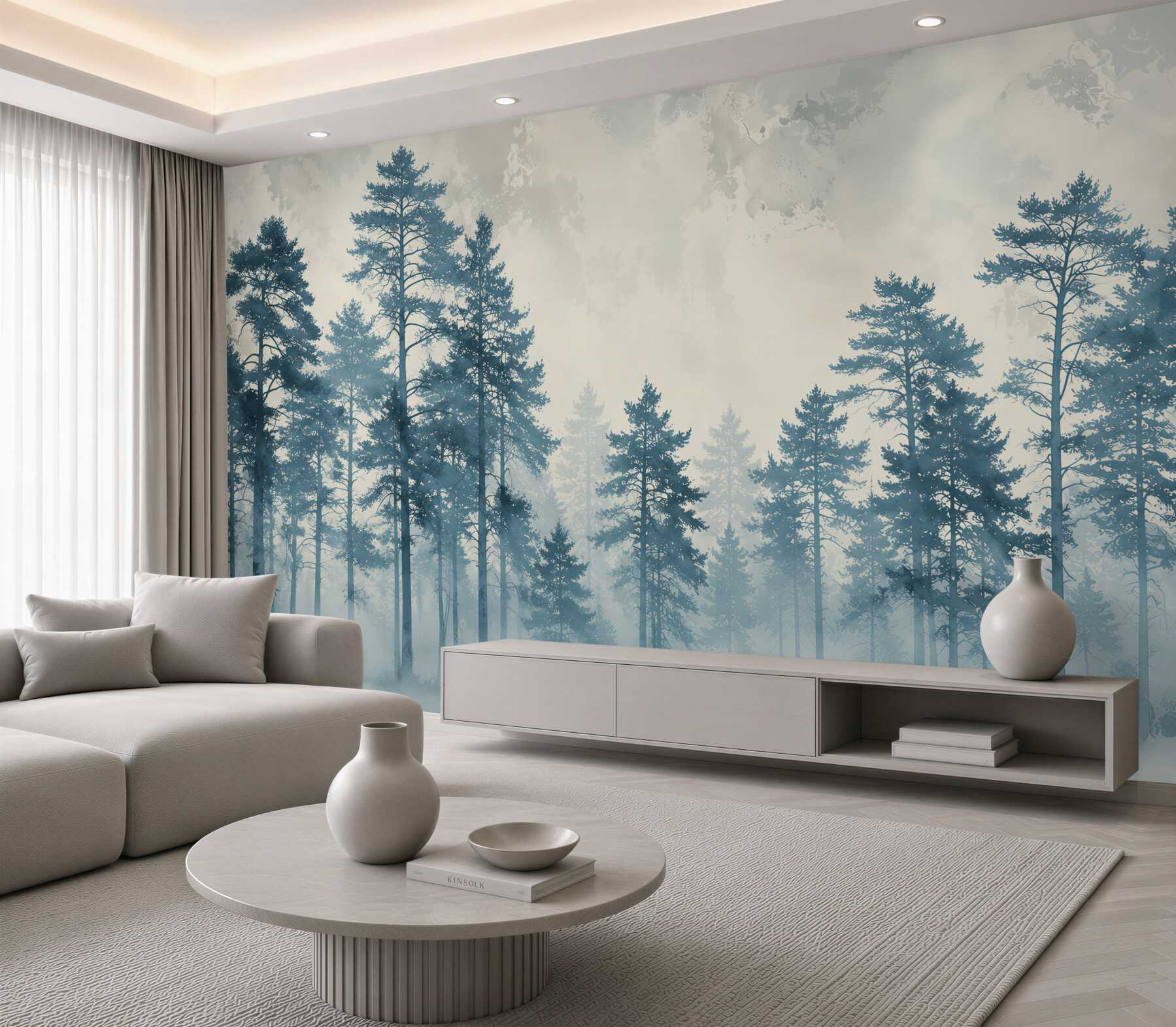 Papier peint forêt de pins dans la brume avec une lumière douce dans le style scandinave