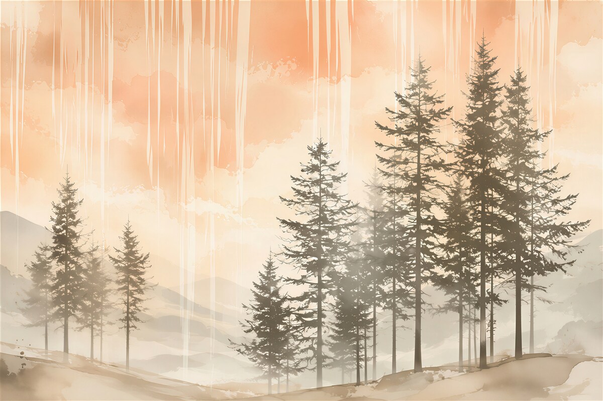 Papier peint montagnes et pins dans la brume aux teintes beiges claires