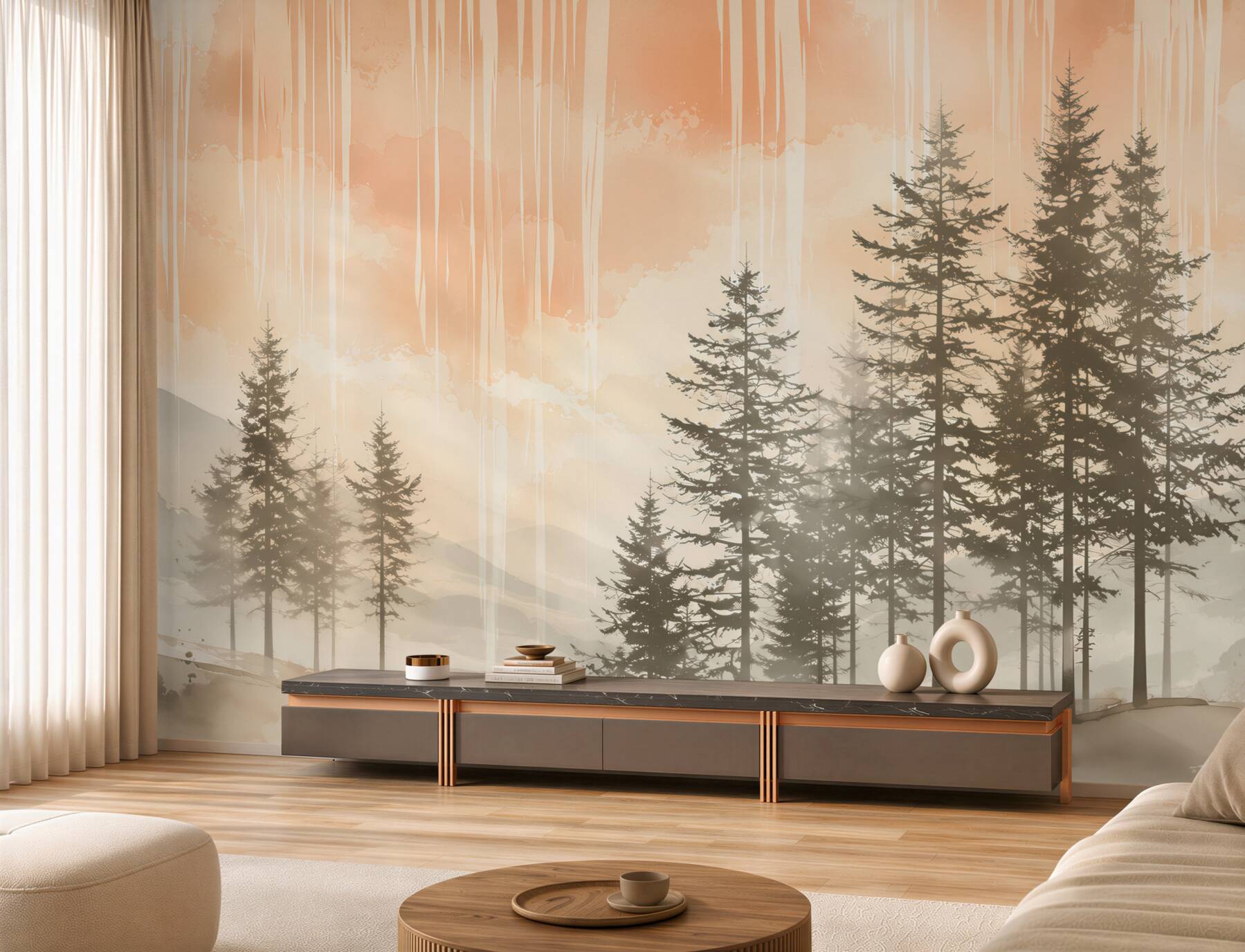 Papier peint montagnes et pins dans la brume aux teintes beiges claires