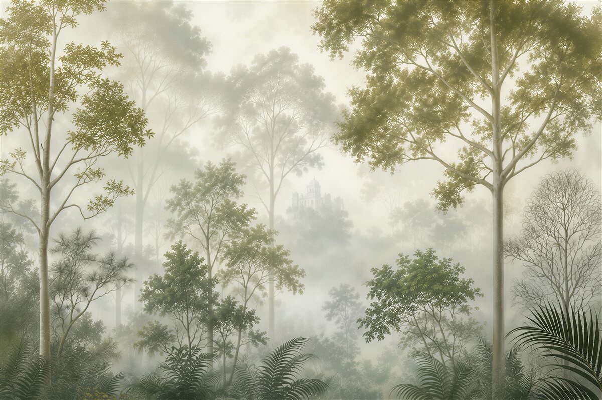 Papier peint forêt tropicale brumeuse dans des tons verts pastel