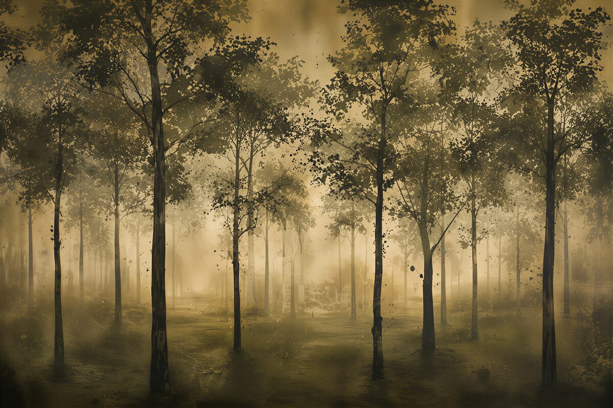 Papier peint forêt feuillue subtile dans la brume aux couleurs naturelles