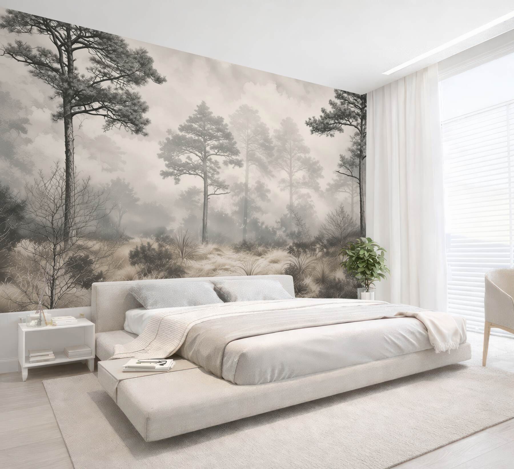 Papier peint forêt de pins dans la brume dans un style minimaliste