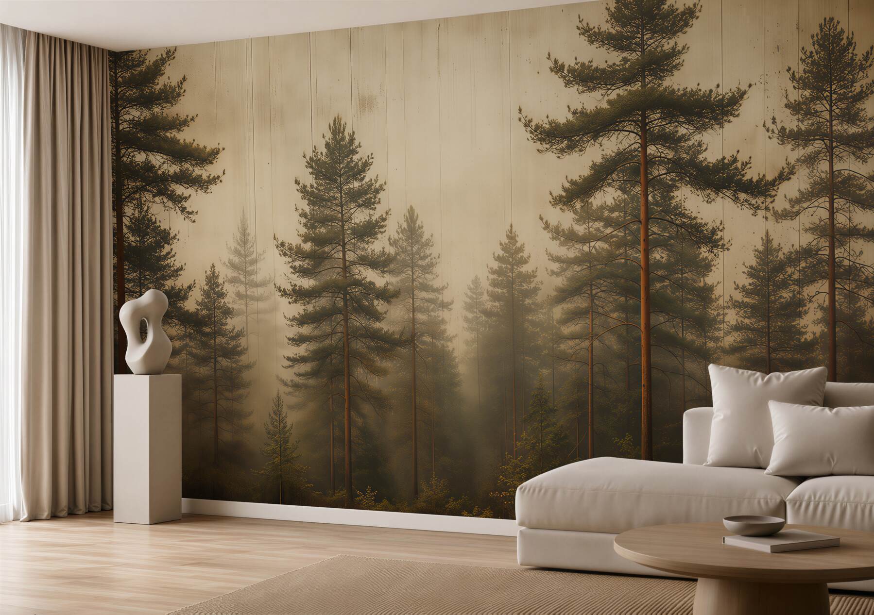 Papier peint forêt de pins dans la brume en beige chaud