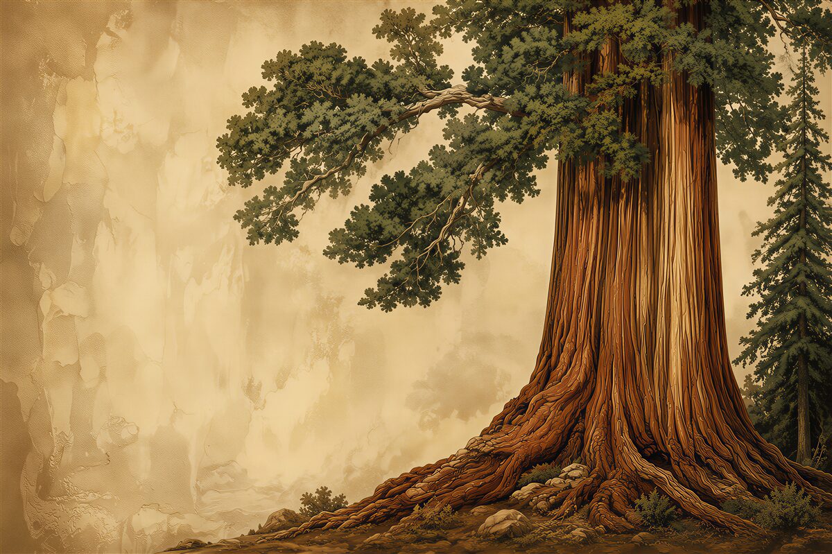 Papier peint arbre monumental au bord d'un lac dans un paysage paisible