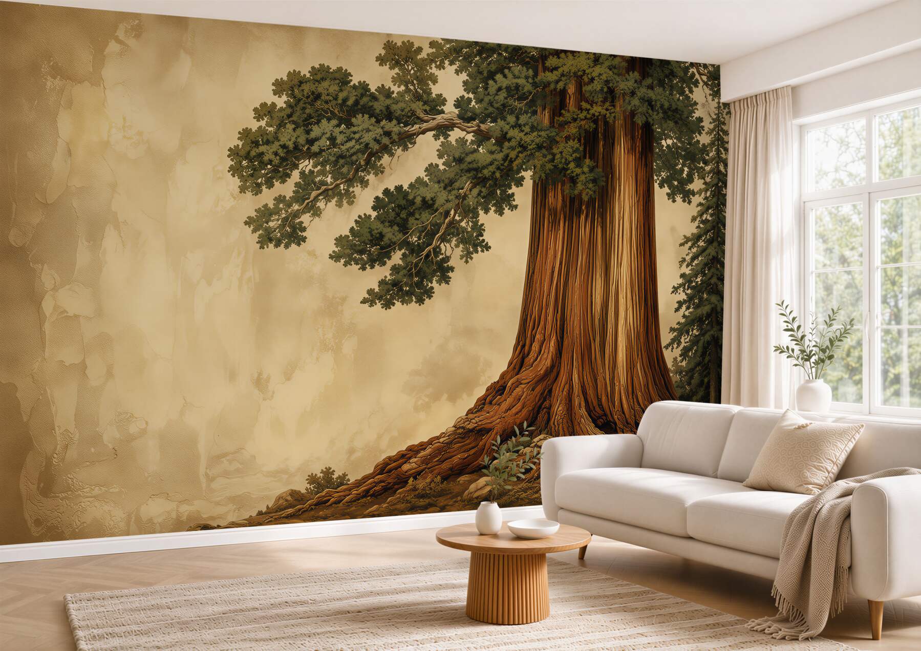 Papier peint arbre monumental au bord d'un lac dans un paysage paisible