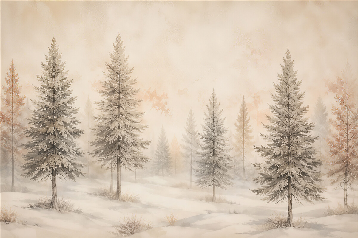 Papier peint forêt d'hiver de sapins dans la brume claire et paisible