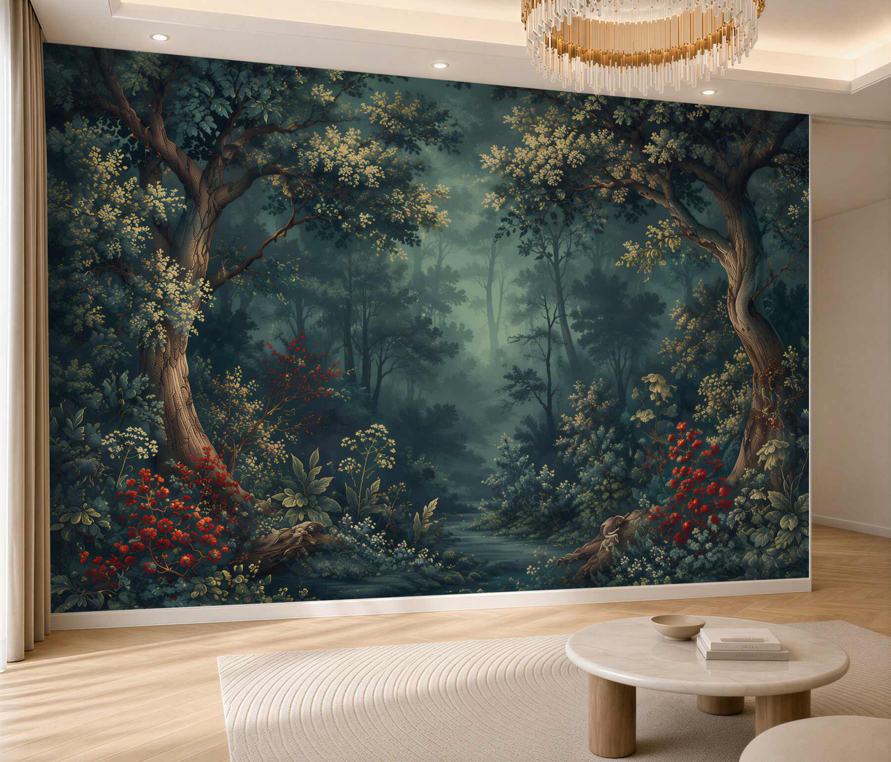 Papier peint forêt féerique avec des fleurs au bord d'un ruisseau pastel