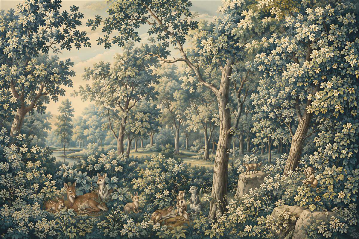 Papier peint clairière forestière avec des animaux et des arbres en fleurs