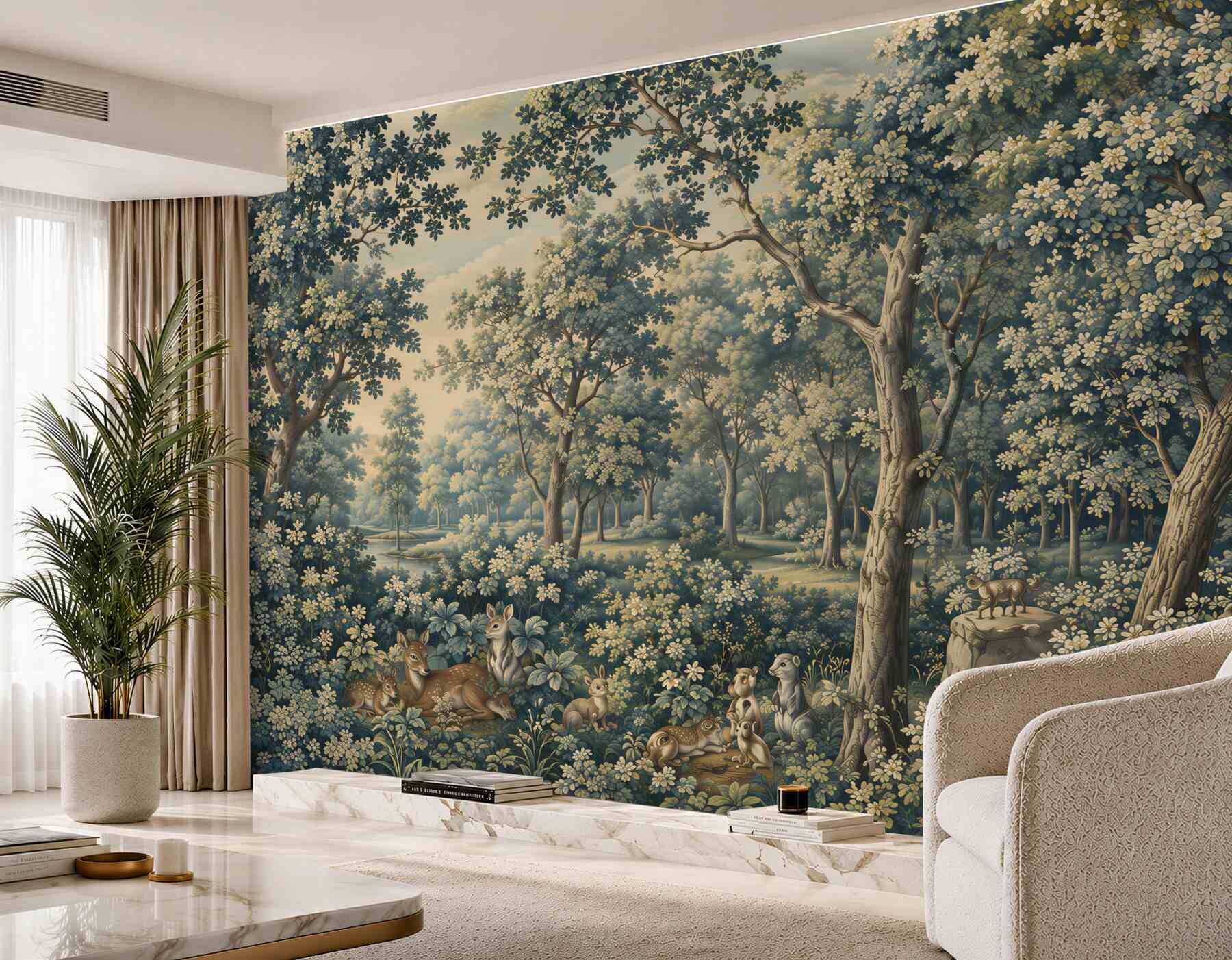 Papier peint clairière forestière avec des animaux et des arbres en fleurs