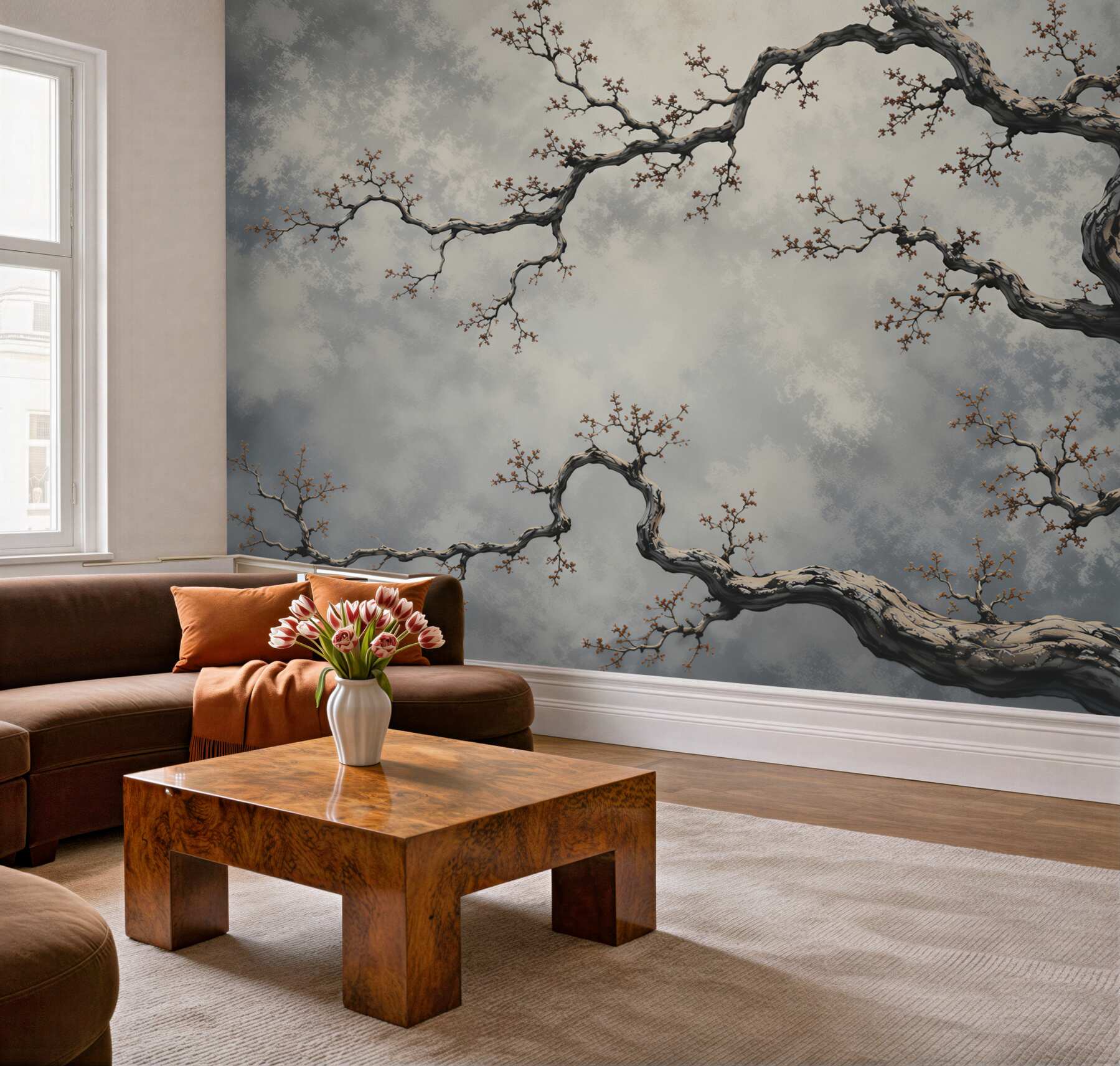 Papier peint branches fleuries d'un arbre sur un fond beige dans le style japandi
