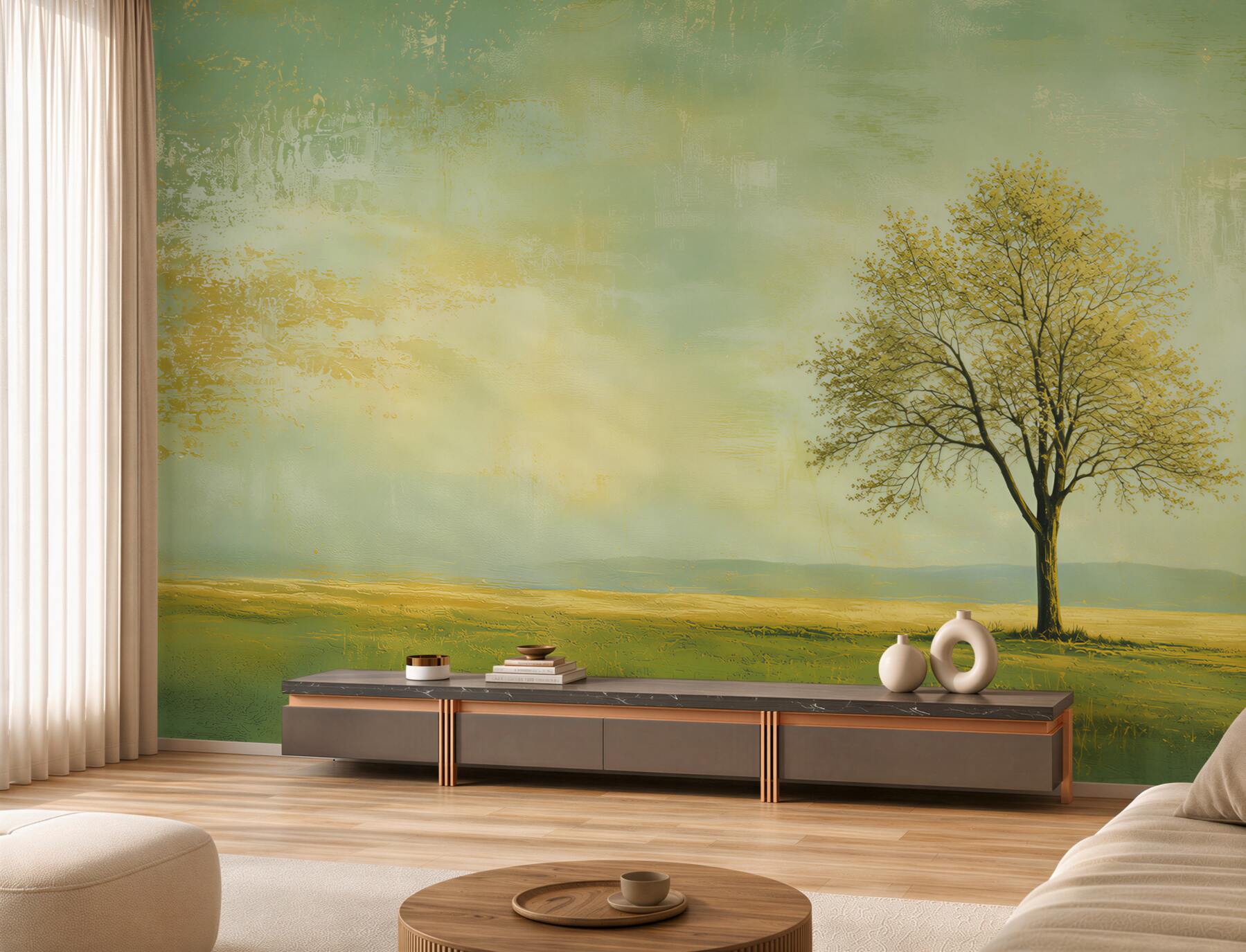 Papier peint arbre solitaire sur une prairie paysage pastel