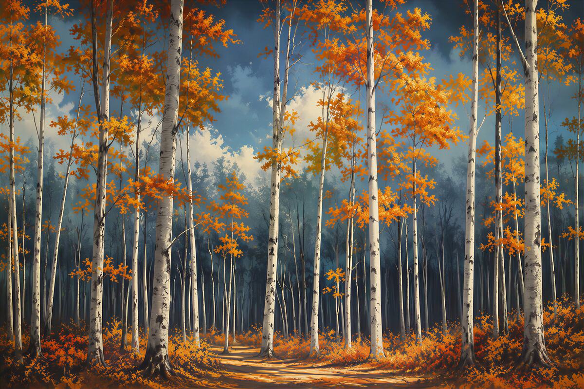 Papier peint bouleaux d'automne dans les rayons du soleil