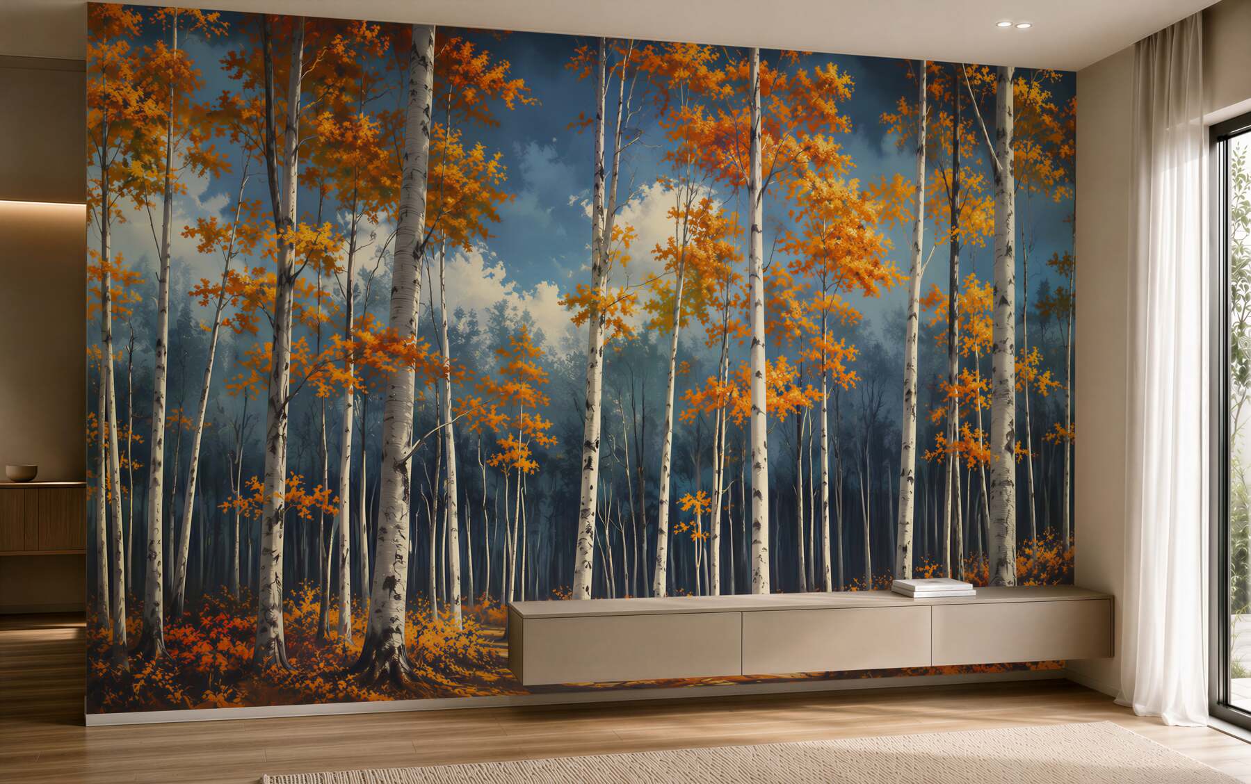 Papier peint bouleaux d'automne dans les rayons du soleil