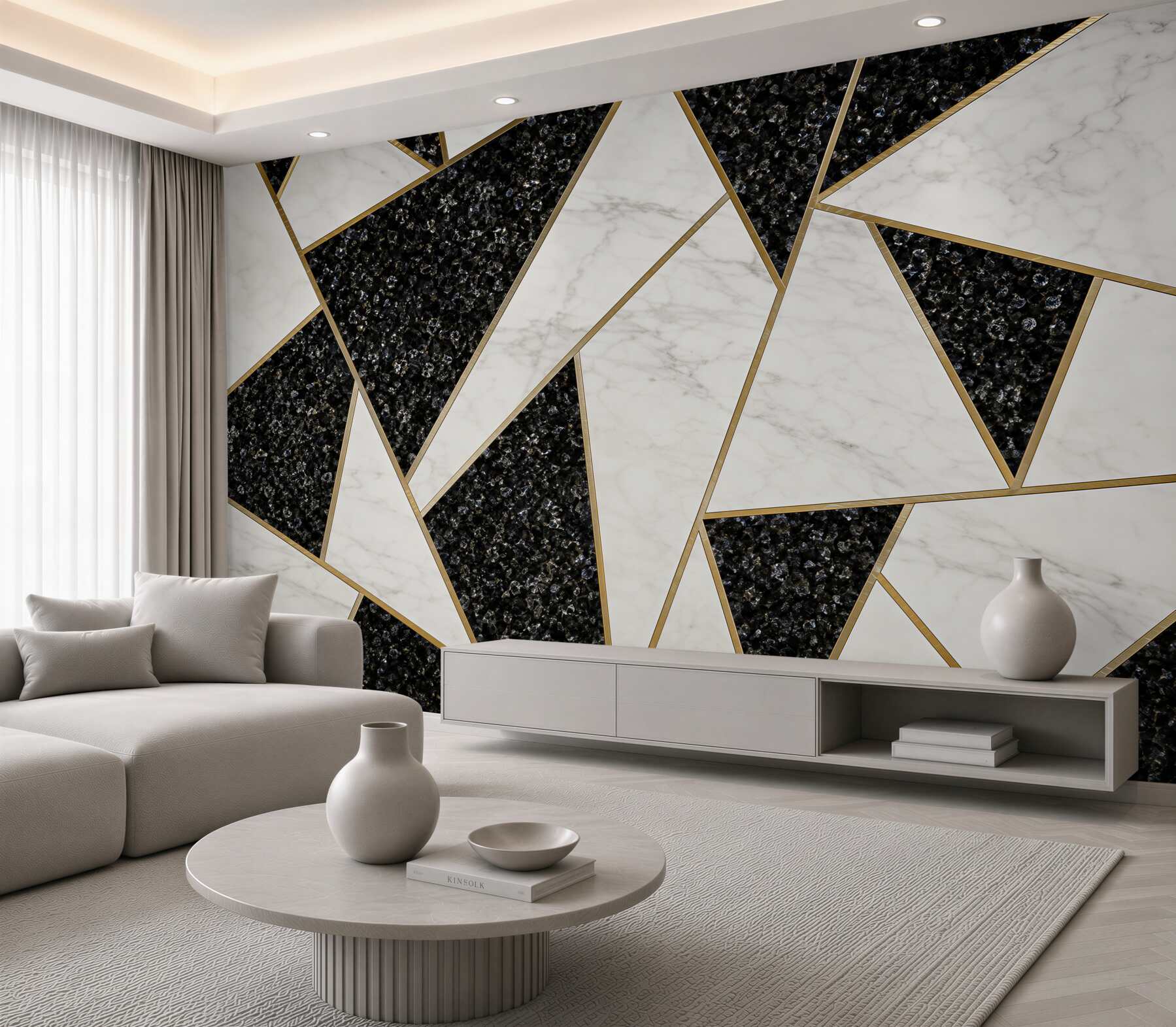 Papier peint marbre géométrique noir et blanc avec des lignes dorées loft