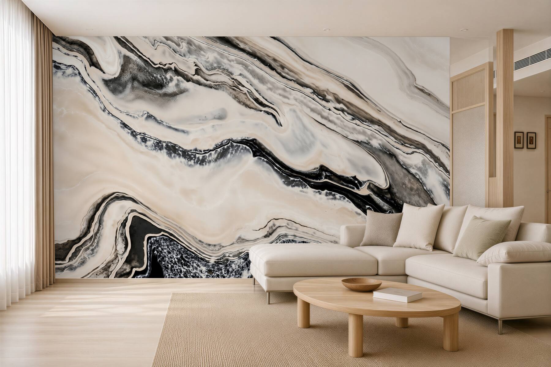 Papier peint marbre beige avec une veine noire élégant pour le salon