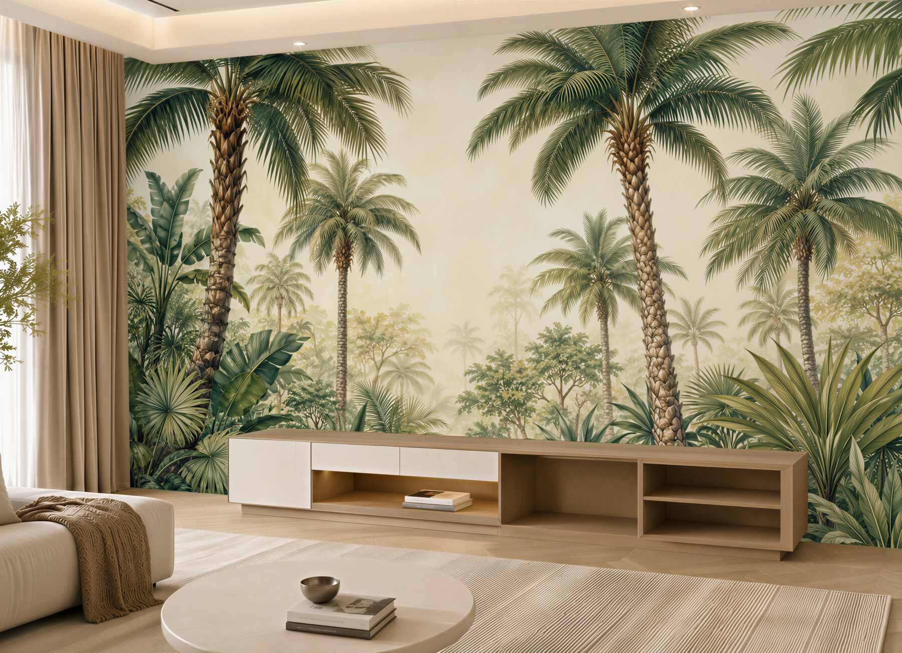 Papier peint palmiers tropicaux dans une jungle beige et verte naturelle